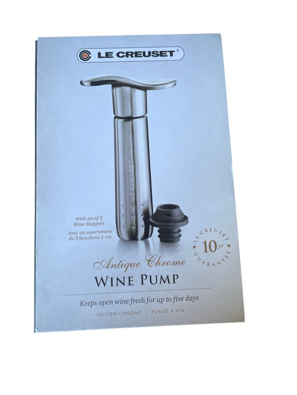 Le Creuset Metal Wine Pump and 3 Stoppers Silver Wedding Gift - Picture 2 of 16